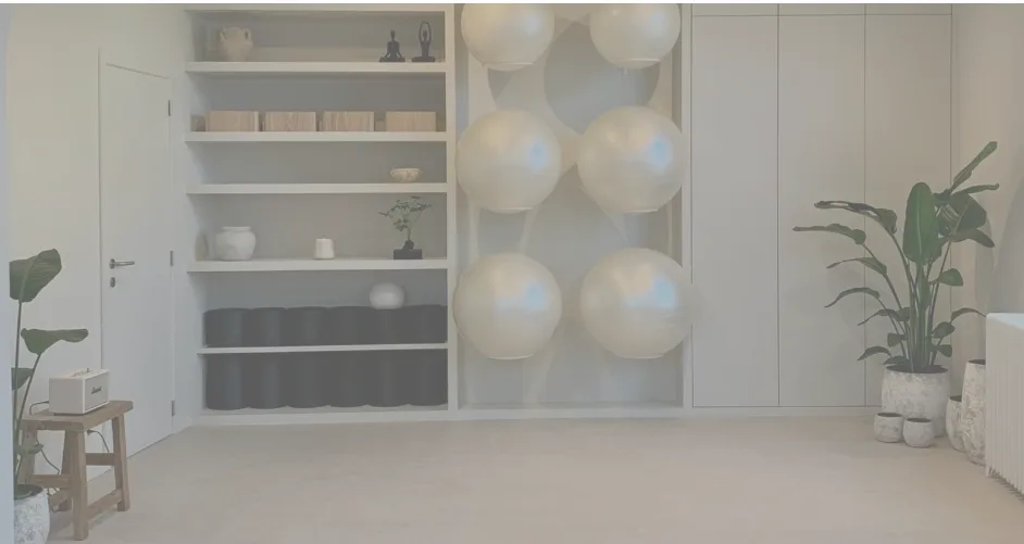 Salle de cours collectifs de l'Espace Santé Lillois à Lillois-Witterzée, ballons de gym, tapis roulés et plantes vertes